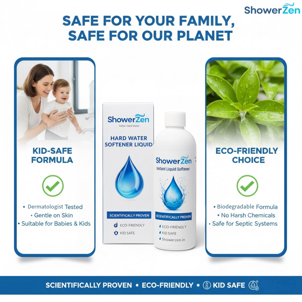 Showerzen™ Instant Hard Water Softener | 500ml | No Harsh Chemicals | pH Balanced | Safe for Kids & Family