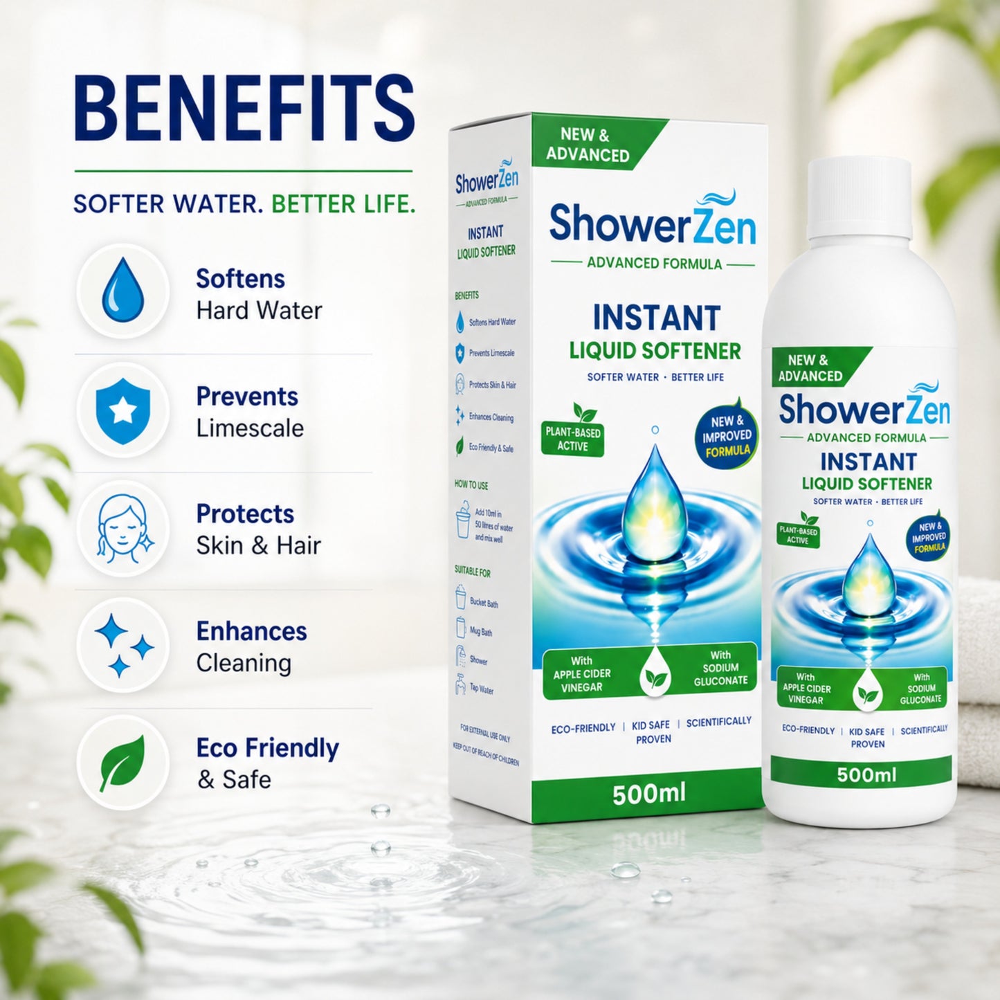 Showerzen™ Advanced Instant Water Softener Liquid |Apple Cider Vinegar + Sodium Gluconate