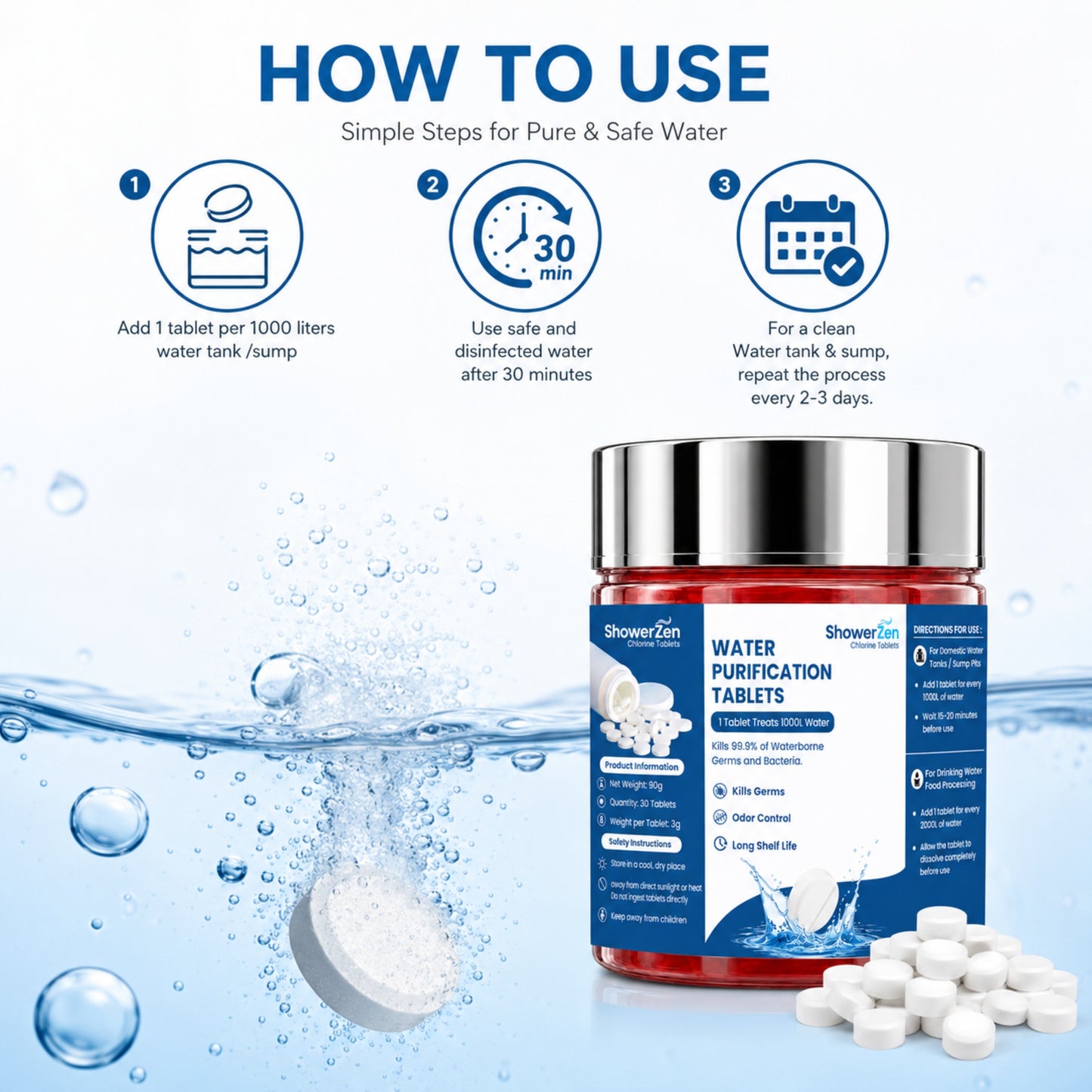 Showerzen™ Water Disinfectant Chlorine Tablets| Pack of 30