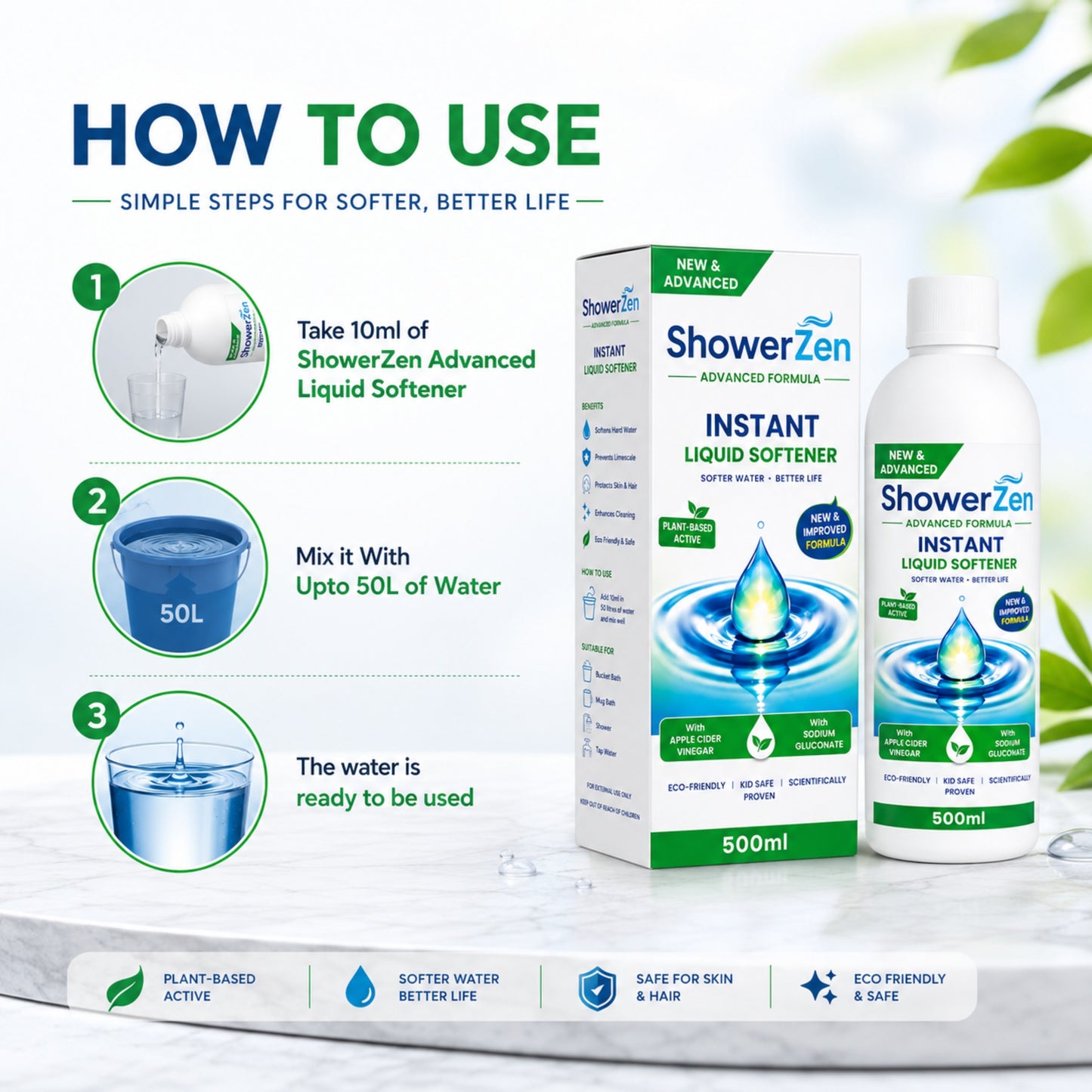 Showerzen™ Advanced Instant Water Softener Liquid |Apple Cider Vinegar + Sodium Gluconate