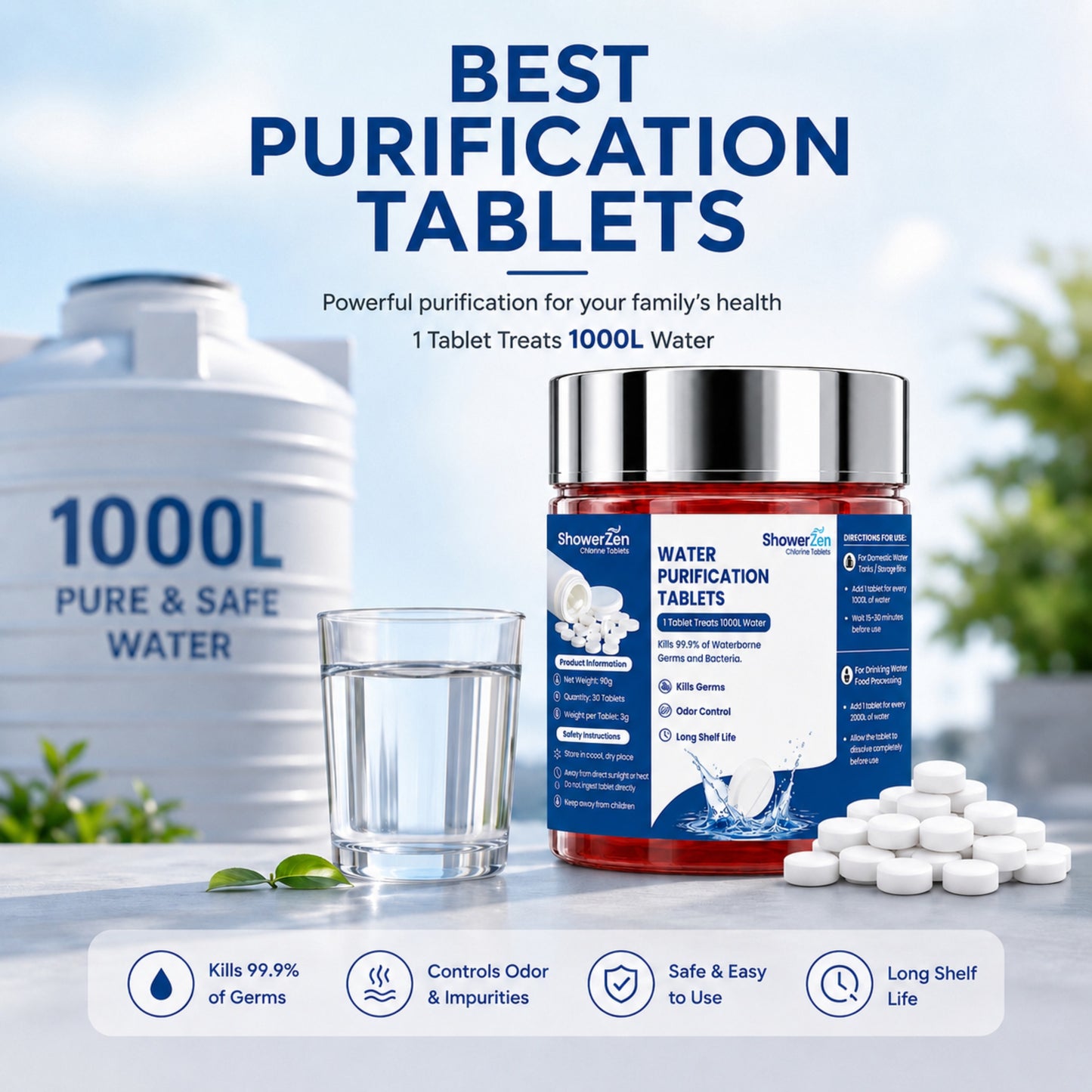 Showerzen™ Water Disinfectant Chlorine Tablets| Pack of 30